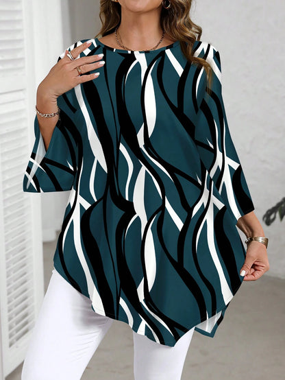 EMERY ROSE Plus Size White Elegant Minimalist All-Over Print Shirt,Classy Workwear Tunic Top,Autumn Blouses For Women,Business Casual Holiday Boho Western Style