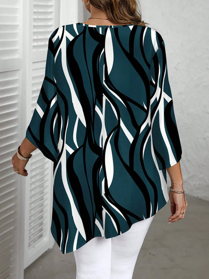 EMERY ROSE Plus Size White Elegant Minimalist All-Over Print Shirt,Classy Workwear Tunic Top,Autumn Blouses For Women,Business Casual Holiday Boho Western Style