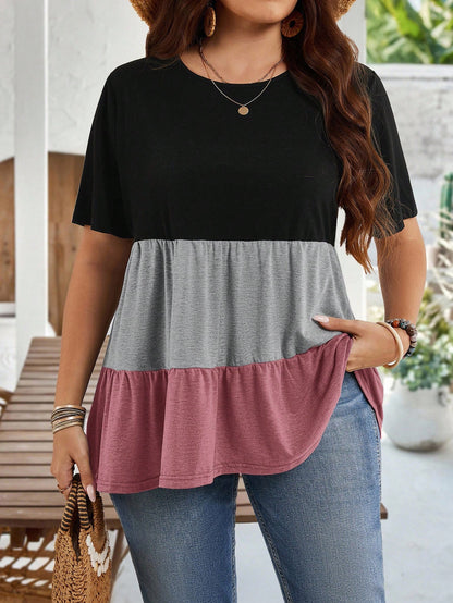 EMERY ROSE Plus Size Women Black Colorblock Round Neck Short Sleeve Ruffle Hem Tunic Tops,Summer Boho Vacation Casual Blouses For Mother's Day Spring Clothes