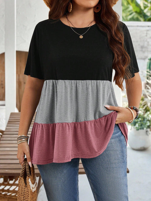 EMERY ROSE Plus Size Women Black Colorblock Round Neck Short Sleeve Ruffle Hem Tunic Tops,Summer Boho Vacation Casual Blouses For Mother's Day Spring Clothes