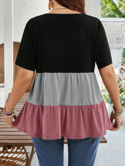 EMERY ROSE Plus Size Women Black Colorblock Round Neck Short Sleeve Ruffle Hem Tunic Tops,Summer Boho Vacation Casual Blouses For Mother's Day Spring Clothes