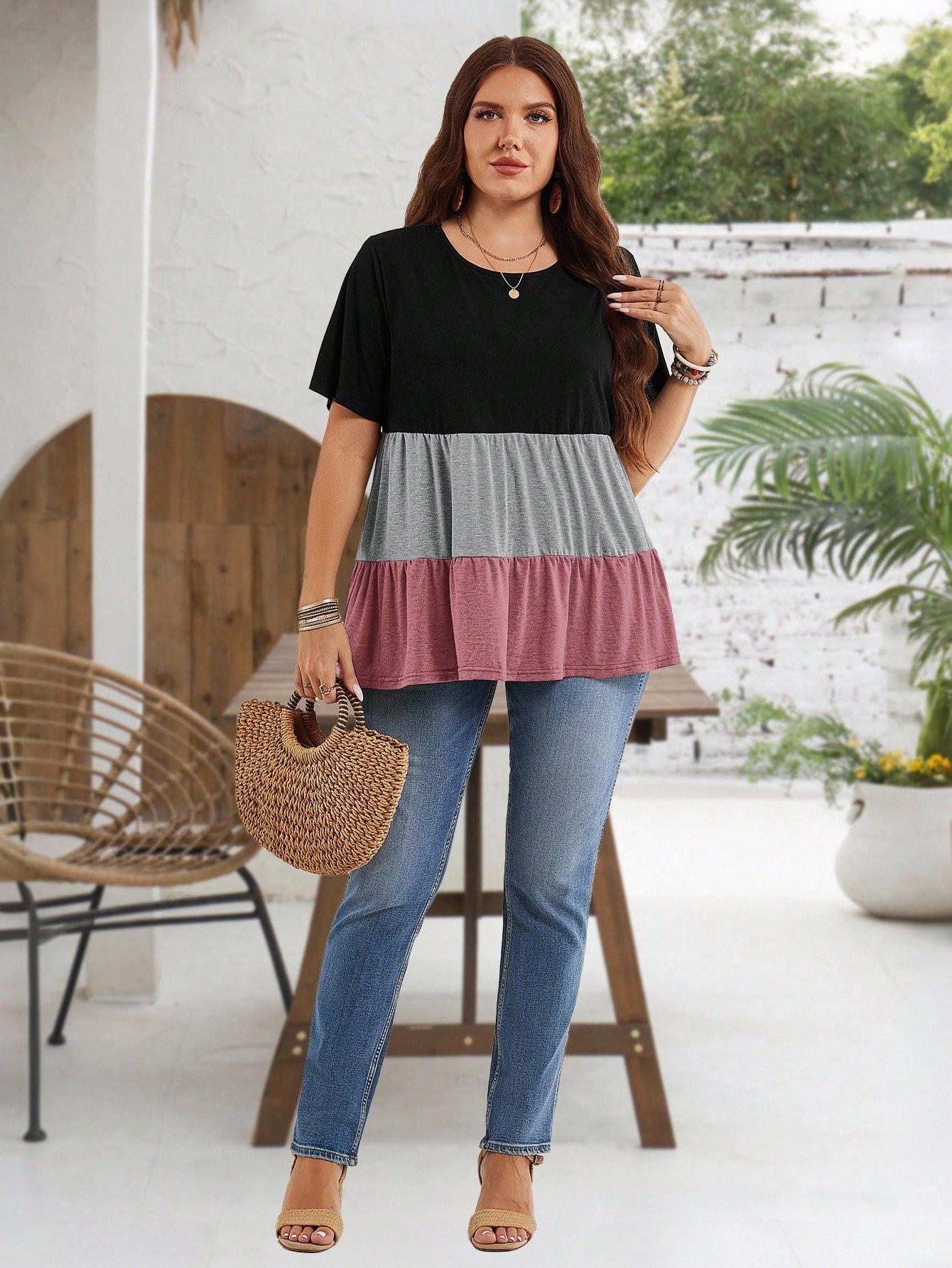 EMERY ROSE Plus Size Women Black Colorblock Round Neck Short Sleeve Ruffle Hem Tunic Tops,Summer Boho Vacation Casual Blouses For Mother's Day Spring Clothes