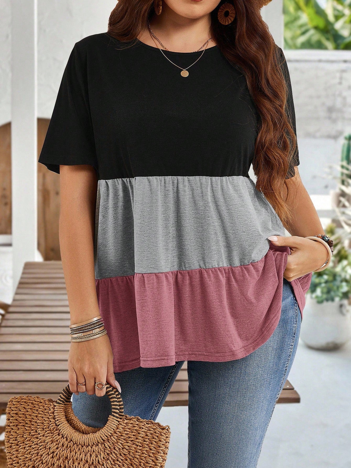 EMERY ROSE Plus Size Women Black Colorblock Round Neck Short Sleeve Ruffle Hem Tunic Tops,Summer Boho Vacation Casual Blouses For Mother's Day Spring Clothes