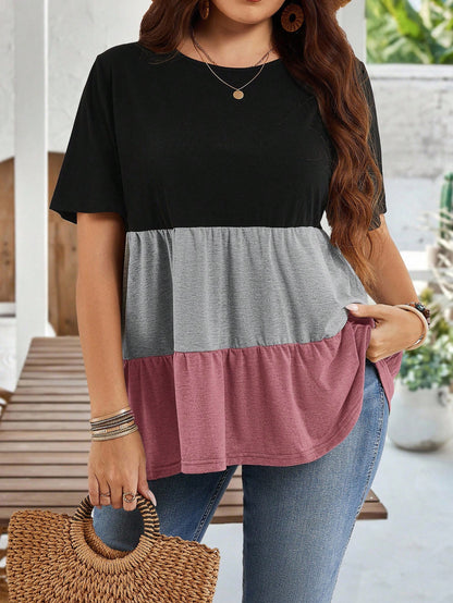 EMERY ROSE Plus Size Women Black Colorblock Round Neck Short Sleeve Ruffle Hem Tunic Tops,Summer Boho Vacation Casual Blouses For Mother's Day Spring Clothes