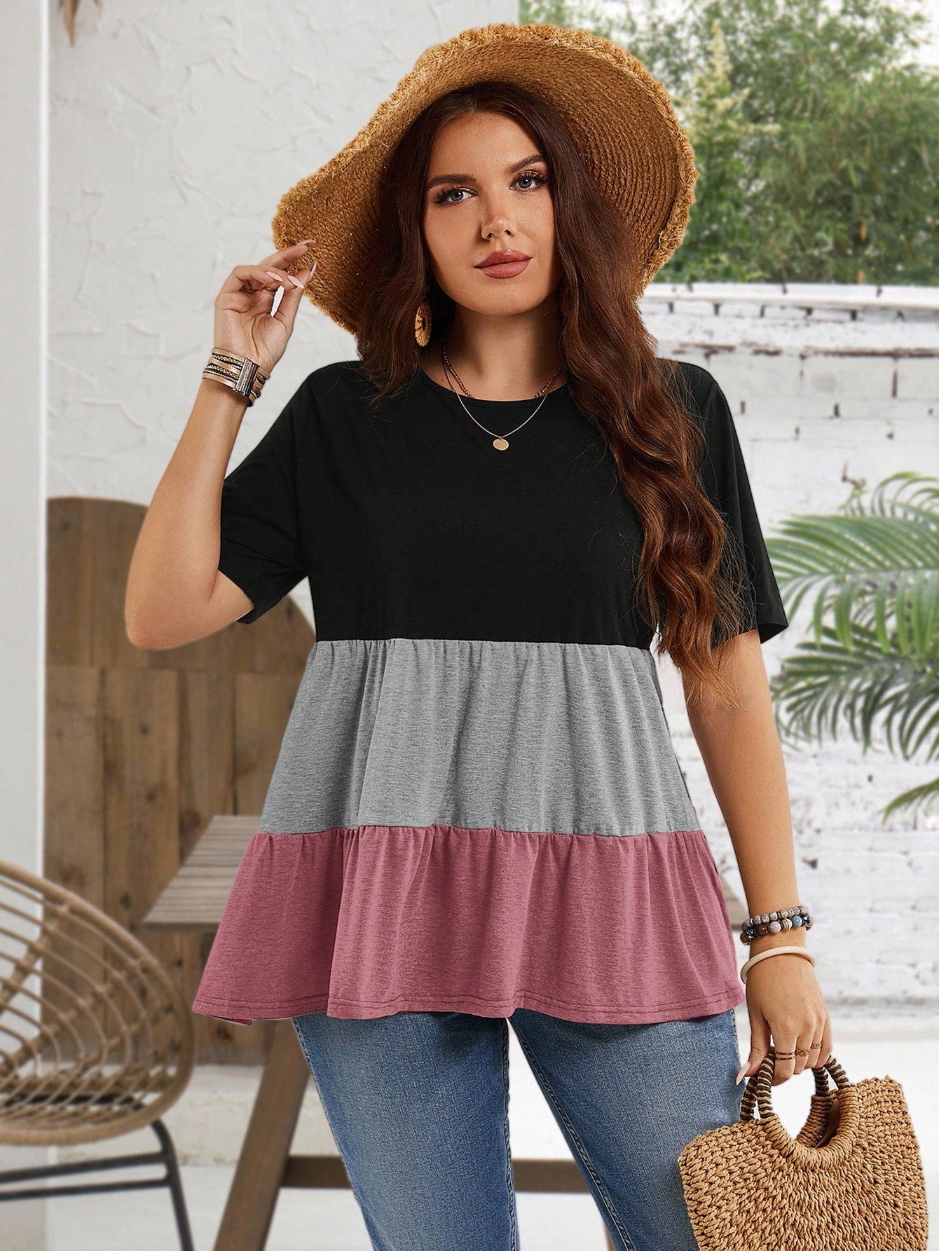 EMERY ROSE Plus Size Women Black Colorblock Round Neck Short Sleeve Ruffle Hem Tunic Tops,Summer Boho Vacation Casual Blouses For Mother's Day Spring Clothes