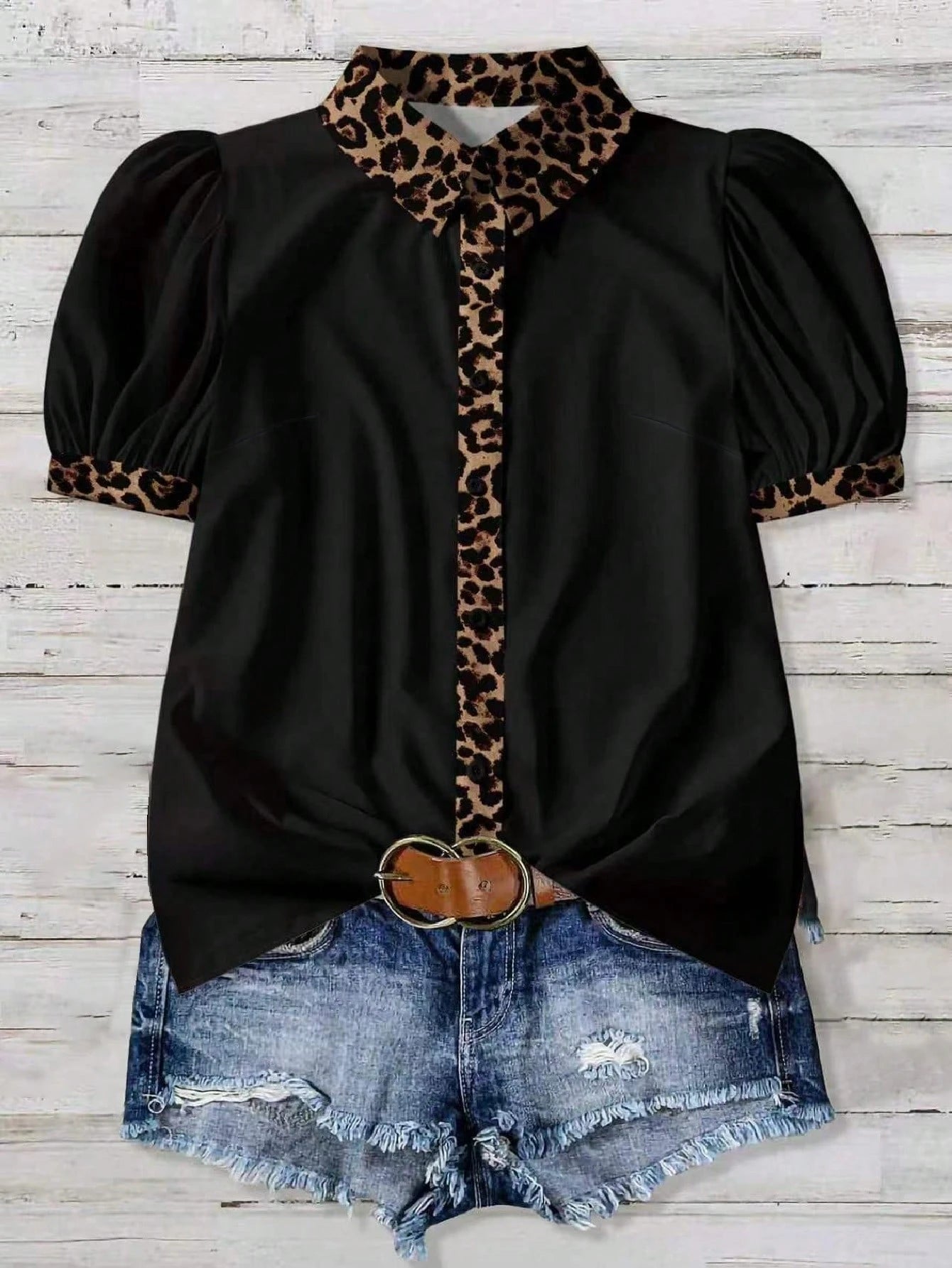 EMERY ROSE Plus Size Women Leopard Print Contrast Color Casual Shirt