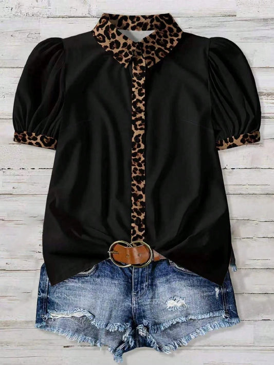 EMERY ROSE Plus Size Women Leopard Print Contrast Color Casual Shirt