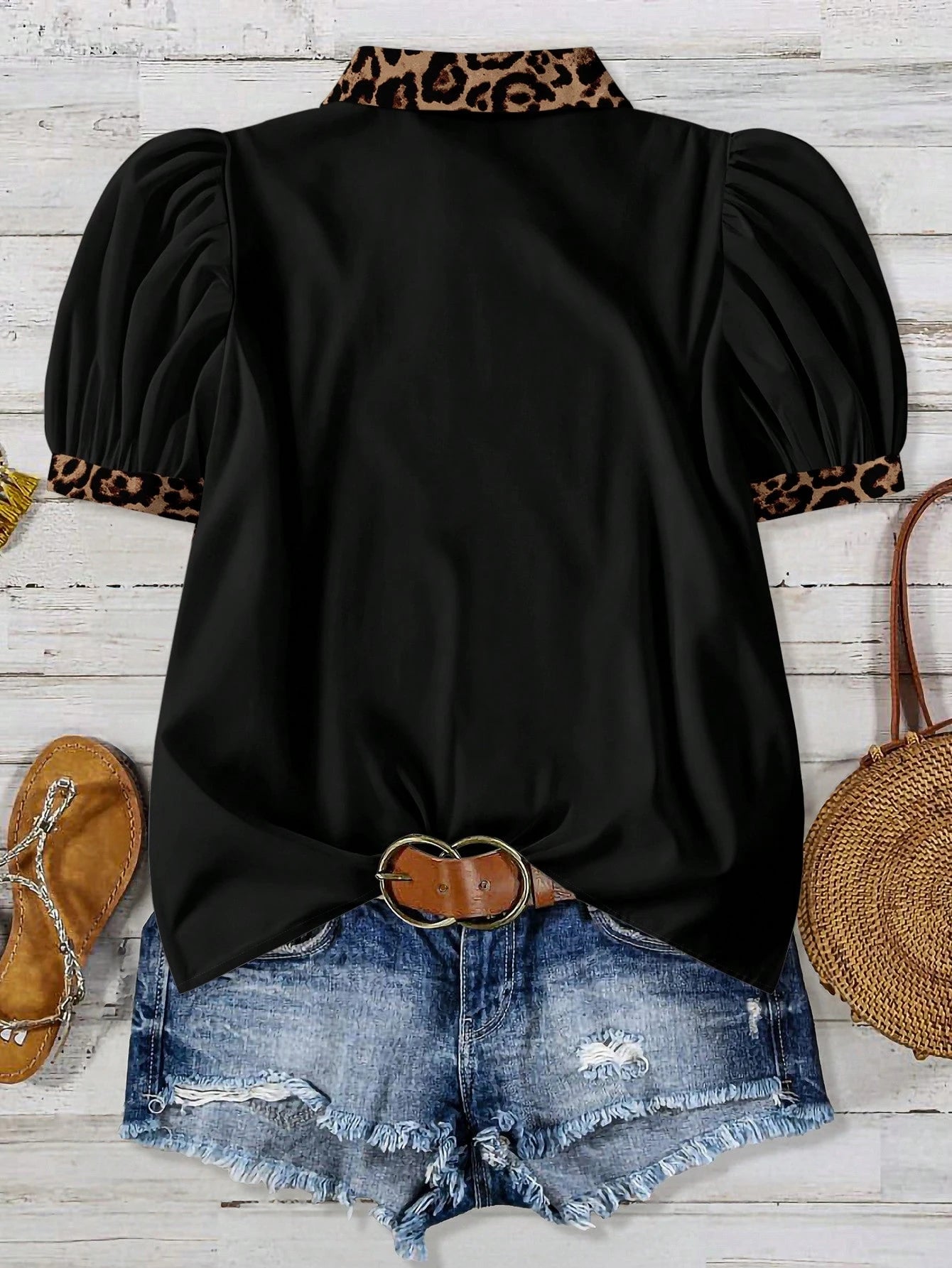 EMERY ROSE Plus Size Women Leopard Print Contrast Color Casual Shirt