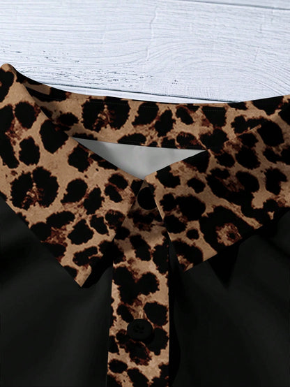 EMERY ROSE Plus Size Women Leopard Print Contrast Color Casual Shirt