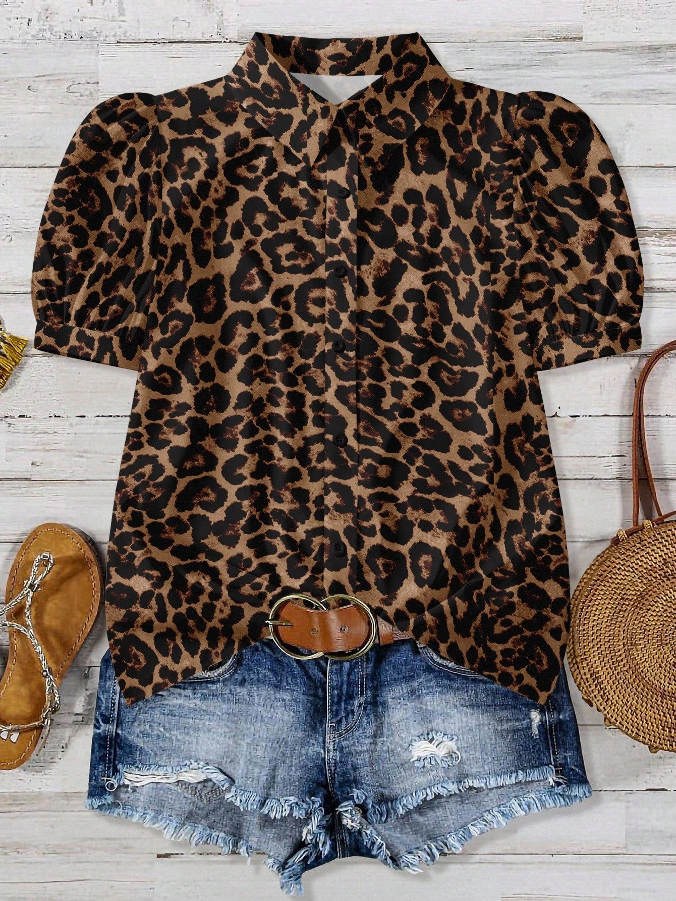 EMERY ROSE Plus Size Women Leopard Print Contrast Color Casual Shirt