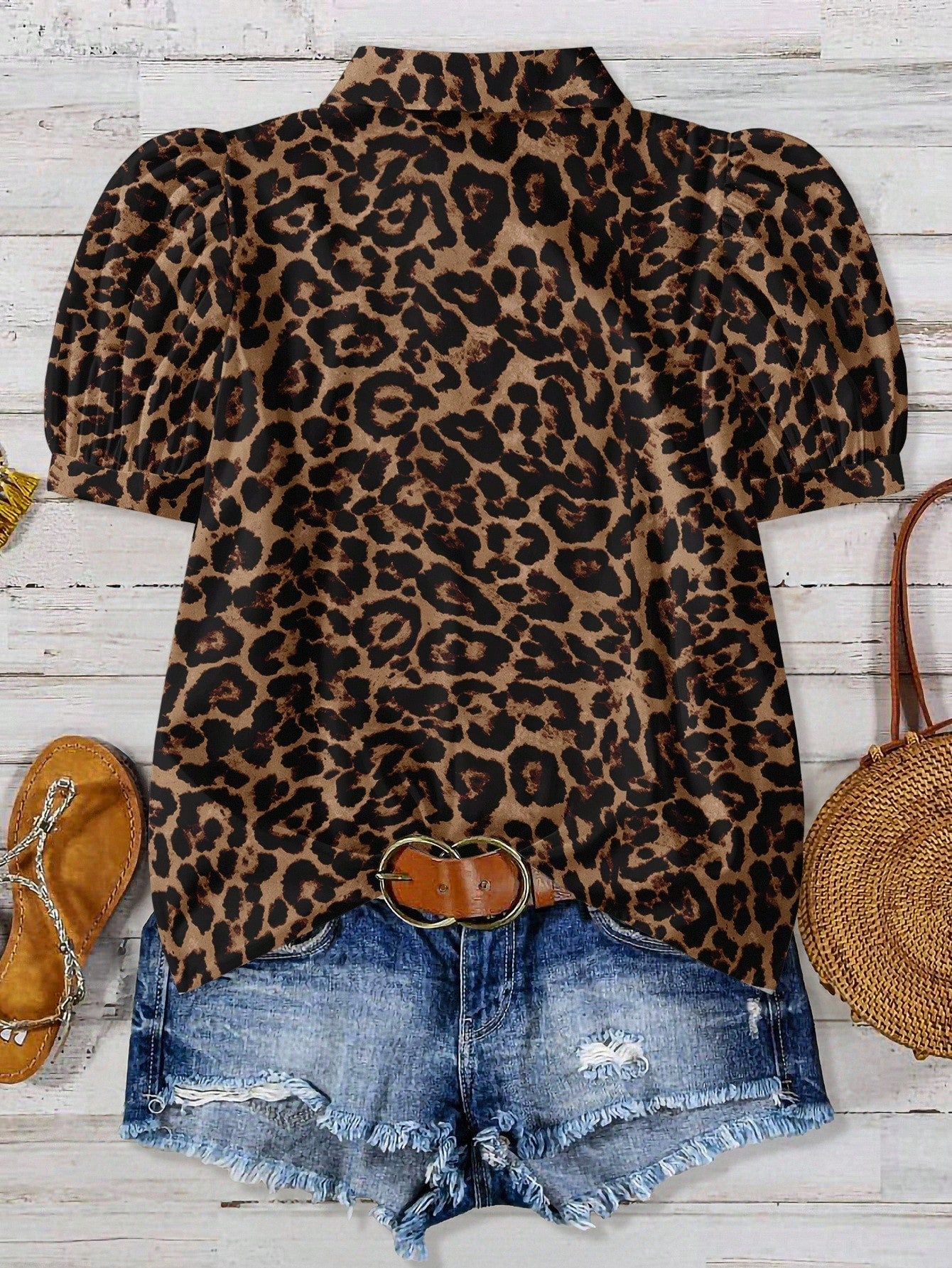EMERY ROSE Plus Size Women Leopard Print Contrast Color Casual Shirt