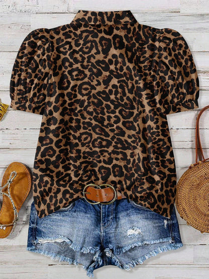 EMERY ROSE Plus Size Women Leopard Print Contrast Color Casual Shirt