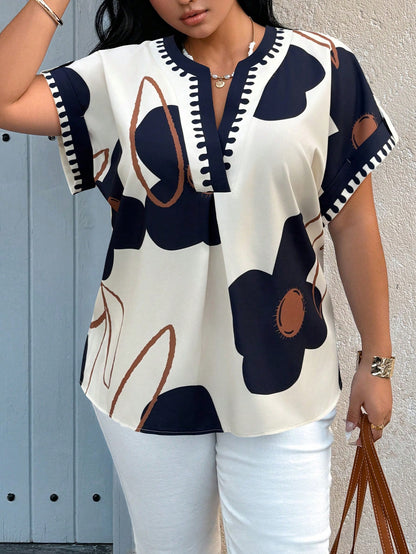 EMERY ROSE Plus Size Women's Spring/Summer Floral Placement Print Casual Vacation Shirt Abstract Print Blouse Geometric Print Top Vacation Navy Chic