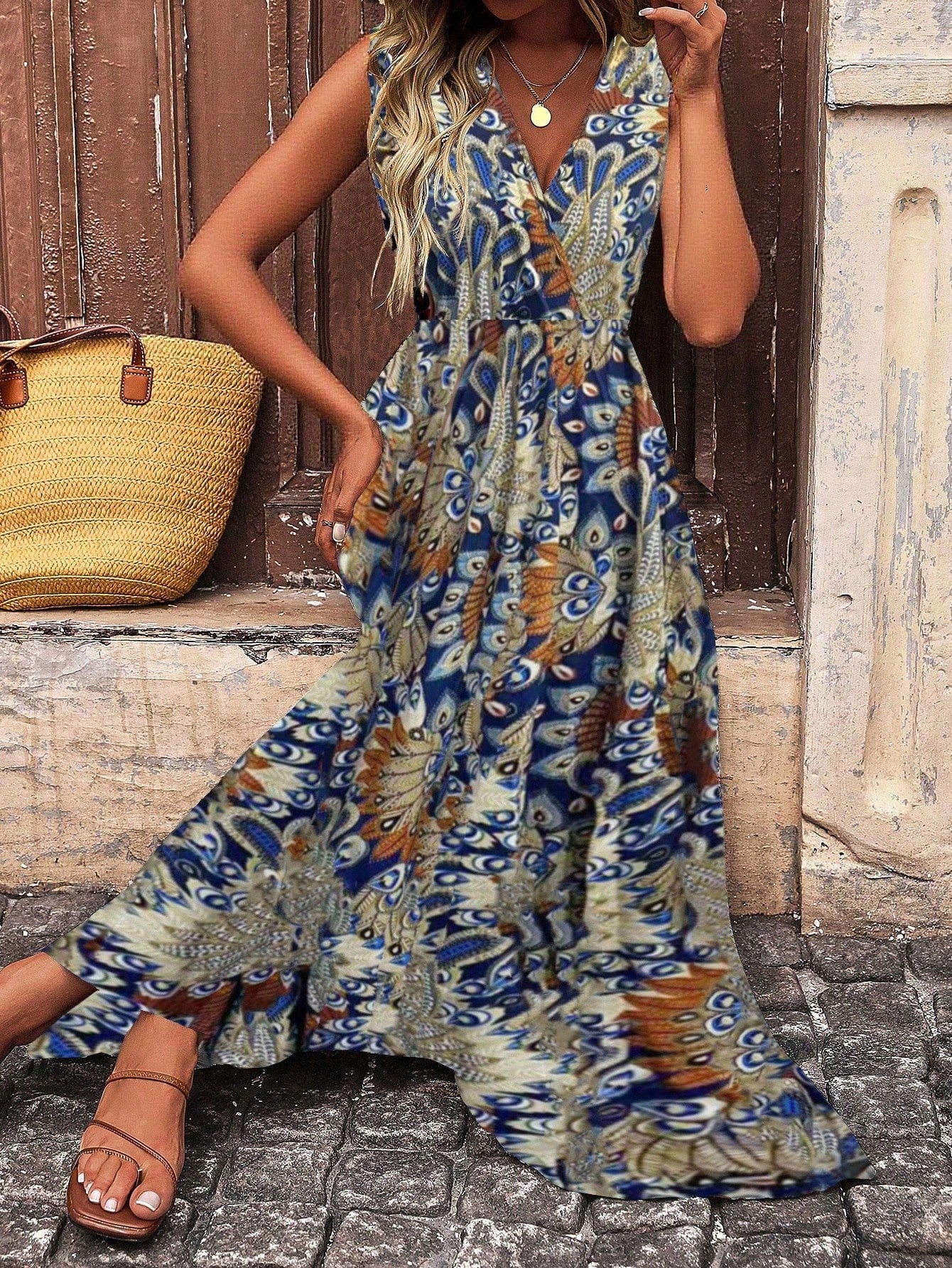 EMERY ROSE V-Neck Wrap Front All-Over Print Tank Dress Maxi Women Outfit