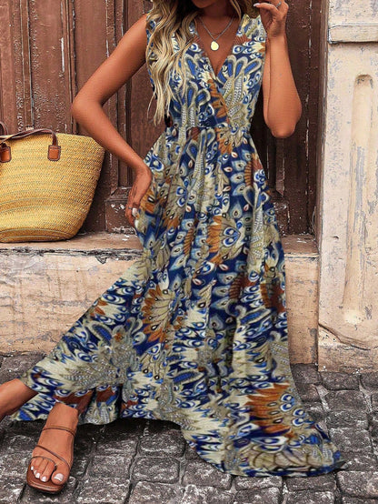 EMERY ROSE V-Neck Wrap Front All-Over Print Tank Dress Maxi Women Outfit