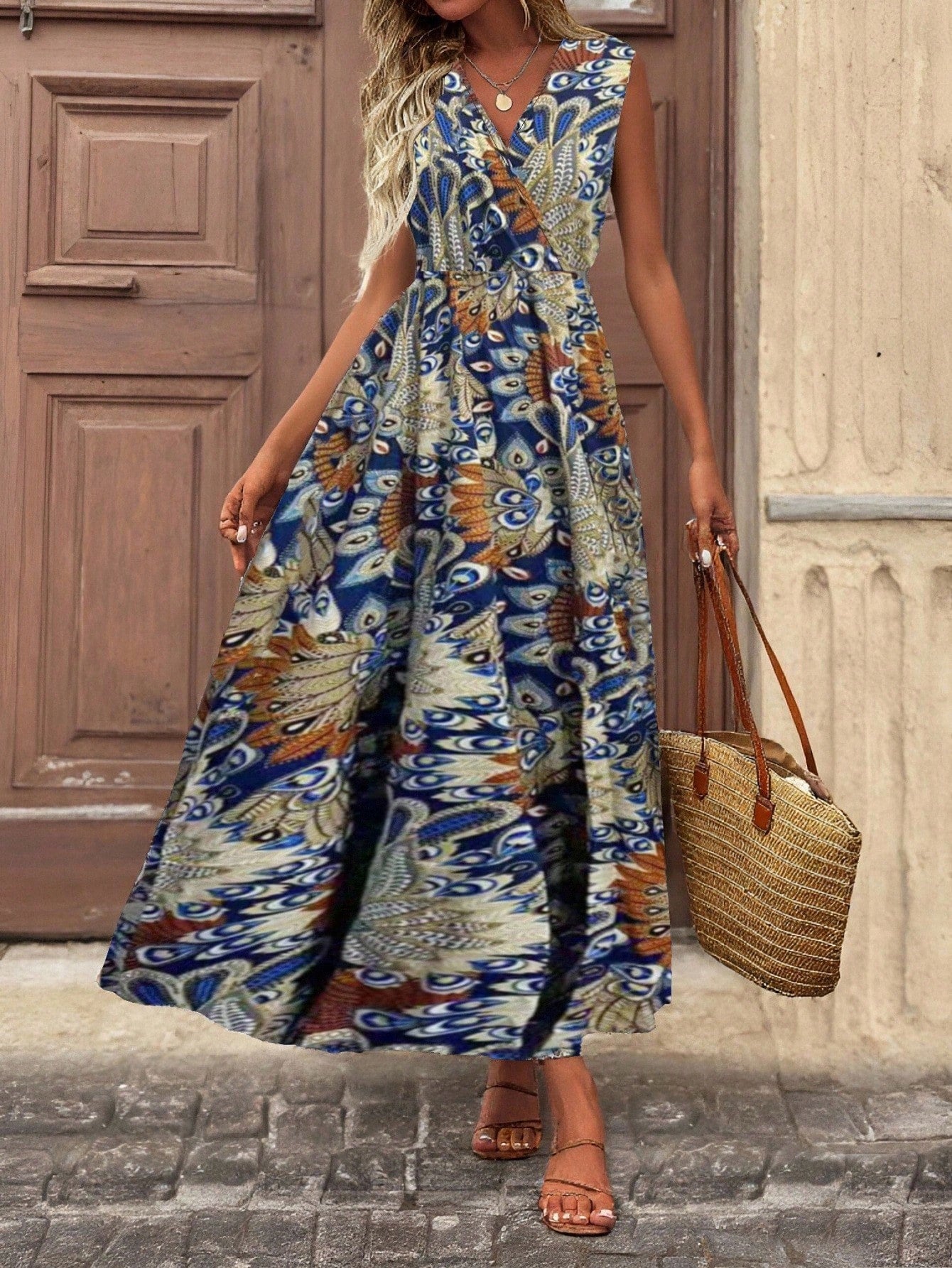 EMERY ROSE V-Neck Wrap Front All-Over Print Tank Dress Maxi Women Outfit