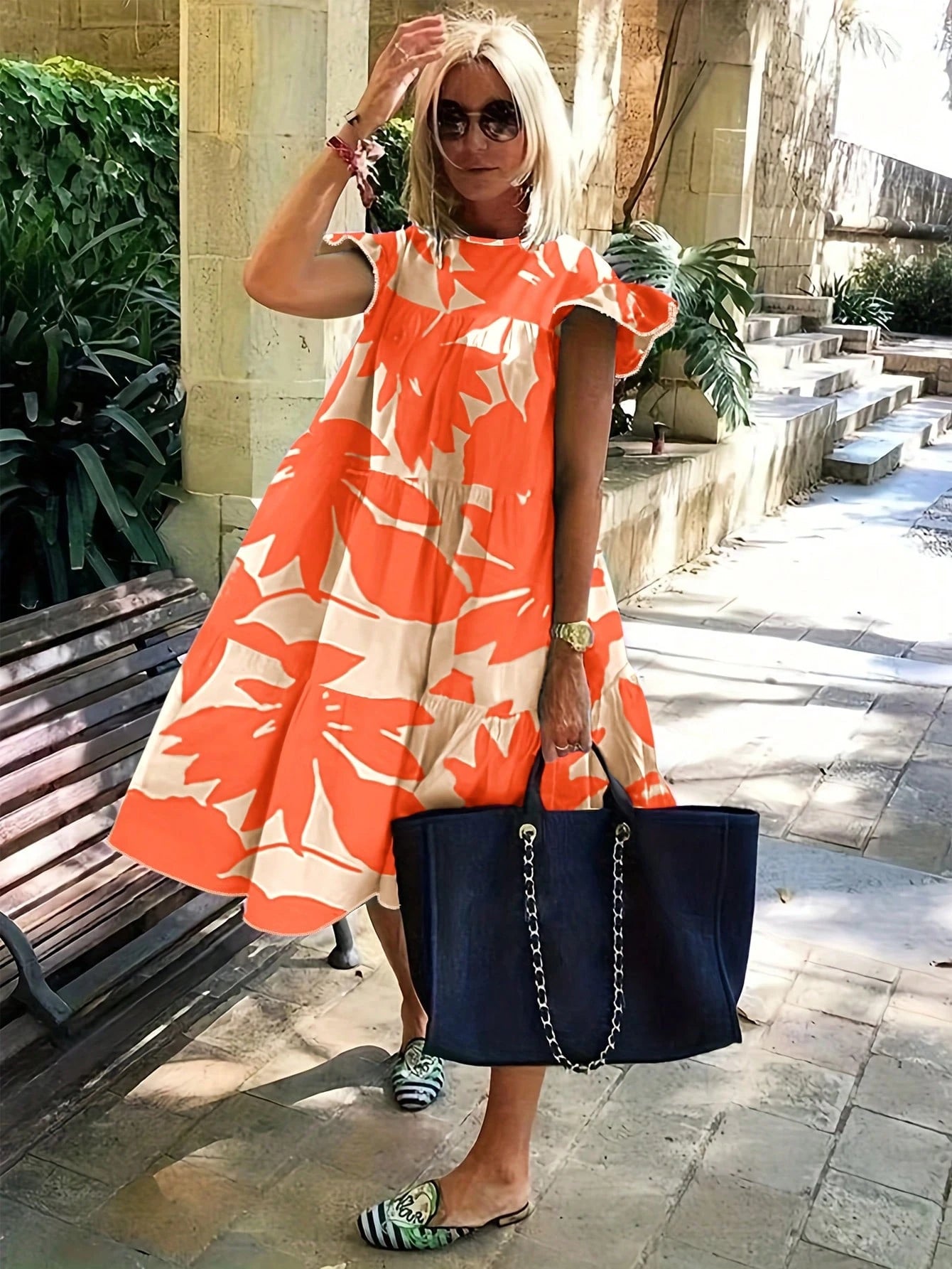 EMERY ROSE Vacation Casual Plant Floral Print Cap Sleeve Dress
