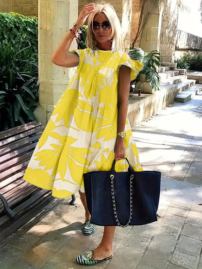 EMERY ROSE Vacation Casual Plant Floral Print Cap Sleeve Dress