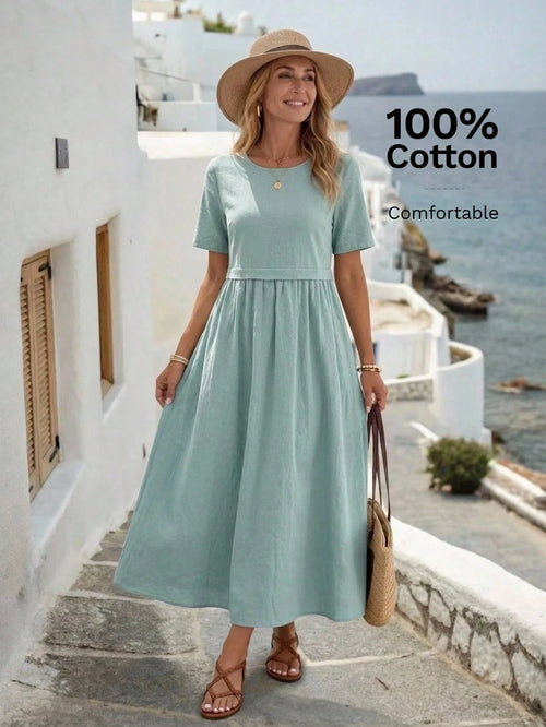 EMERY ROSE Women's Casual Dusty Blue Round Neck Short Sleeve Dress, Summer Dresses For Women New Arrival Picnic Vacation Holiday Outfits