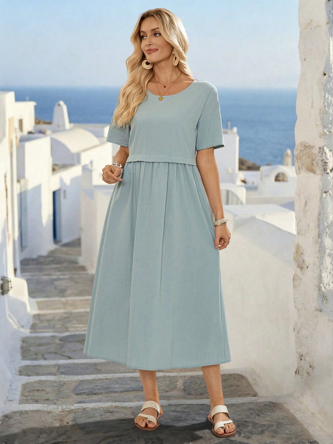 EMERY ROSE Women's Casual Dusty Blue Round Neck Short Sleeve Dress, Summer Dresses For Women New Arrival Picnic Vacation Holiday Outfits