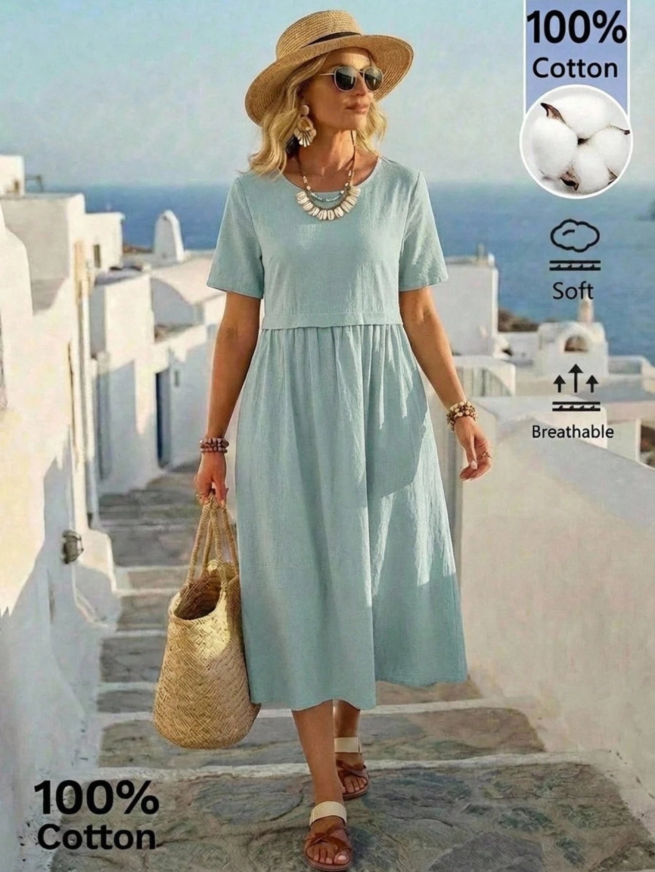 EMERY ROSE Women's Casual Dusty Blue Round Neck Short Sleeve Dress, Summer Dresses For Women New Arrival Picnic Vacation Holiday Outfits