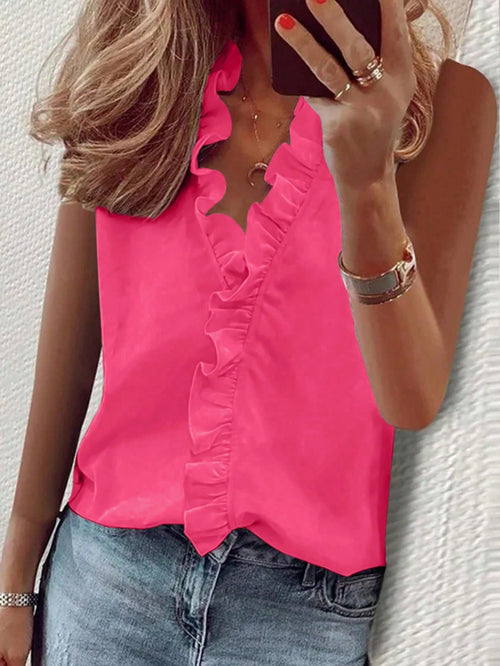 EMERY ROSE Women's Casual Solid Color Ruffle Sleeveless Blouse, Summer