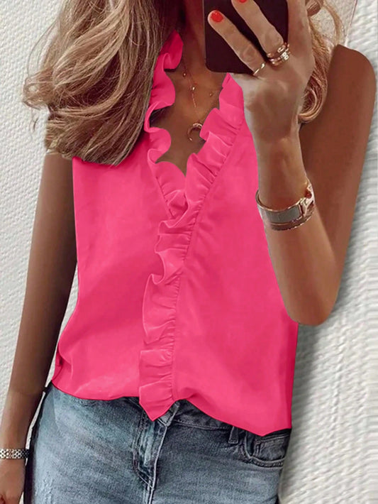 EMERY ROSE Women's Casual Solid Color Ruffle Sleeveless Blouse, Summer