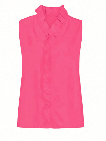EMERY ROSE Women's Casual Solid Color Ruffle Sleeveless Blouse, Summer