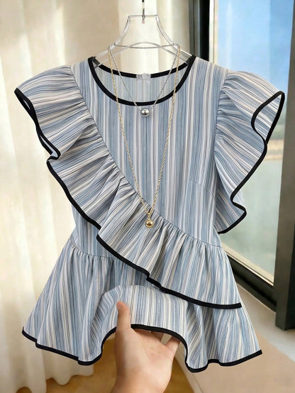 EMERY ROSE Women's Elegant Summer Round Neck Blue And White Stripe Shirt,Everyday Asymmetric Ruffle Hem Waist Cinching Short Sleeve Blouse For Outing And Date