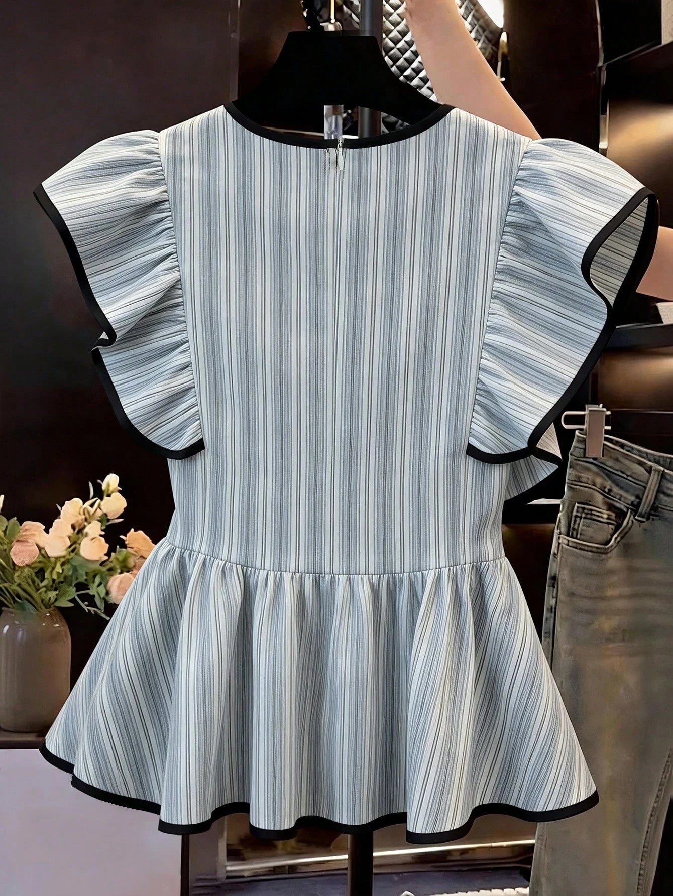 EMERY ROSE Women's Elegant Summer Round Neck Blue And White Stripe Shirt,Everyday Asymmetric Ruffle Hem Waist Cinching Short Sleeve Blouse For Outing And Date