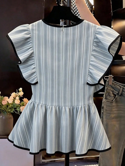 EMERY ROSE Women's Elegant Summer Round Neck Blue And White Stripe Shirt,Everyday Asymmetric Ruffle Hem Waist Cinching Short Sleeve Blouse For Outing And Date