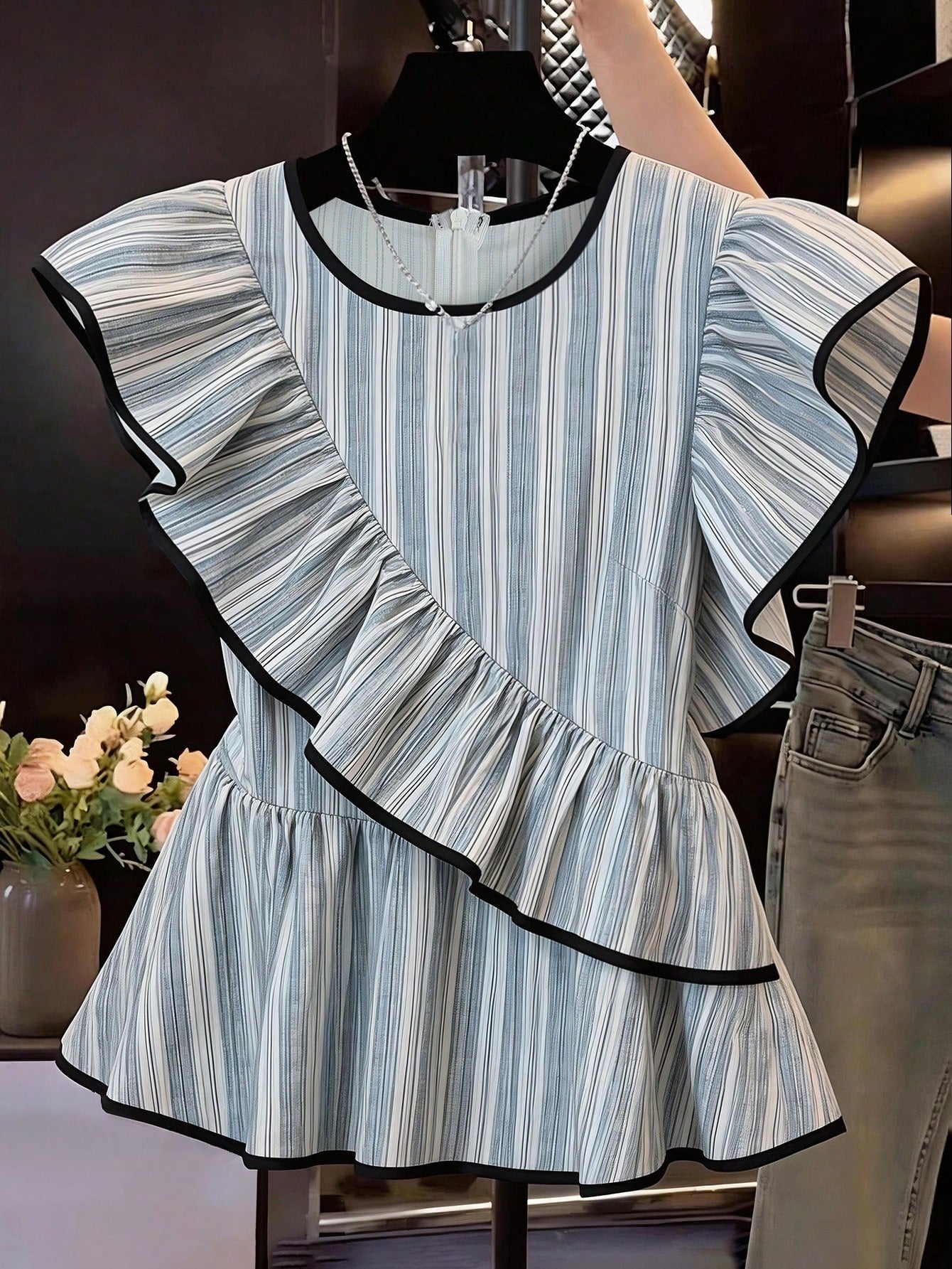 EMERY ROSE Women's Elegant Summer Round Neck Blue And White Stripe Shirt,Everyday Asymmetric Ruffle Hem Waist Cinching Short Sleeve Blouse For Outing And Date