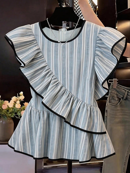 EMERY ROSE Women's Elegant Summer Round Neck Blue And White Stripe Shirt,Everyday Asymmetric Ruffle Hem Waist Cinching Short Sleeve Blouse For Outing And Date
