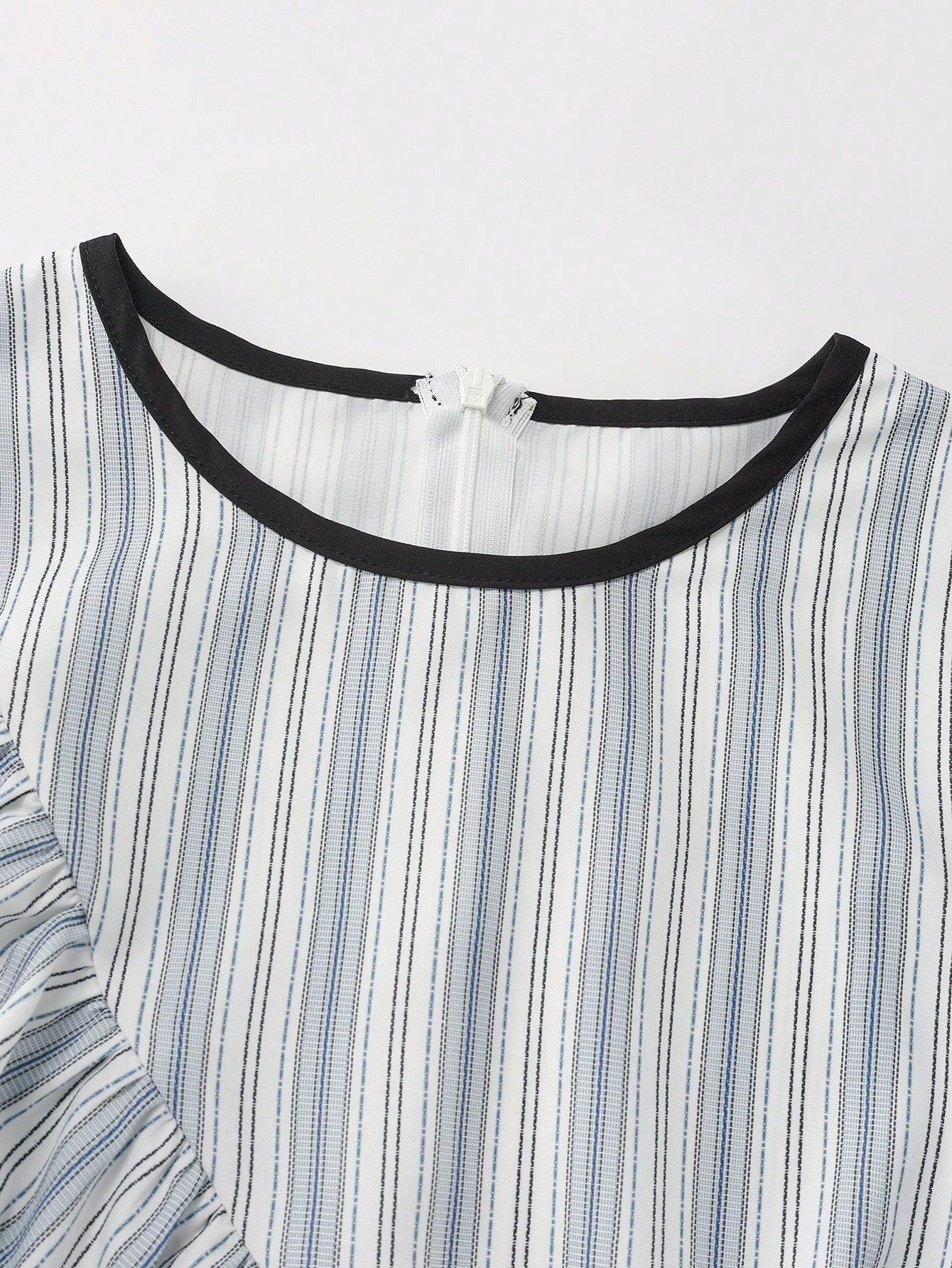 EMERY ROSE Women's Elegant Summer Round Neck Blue And White Stripe Shirt,Everyday Asymmetric Ruffle Hem Waist Cinching Short Sleeve Blouse For Outing And Date