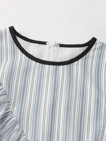 EMERY ROSE Women's Elegant Summer Round Neck Blue And White Stripe Shirt,Everyday Asymmetric Ruffle Hem Waist Cinching Short Sleeve Blouse For Outing And Date
