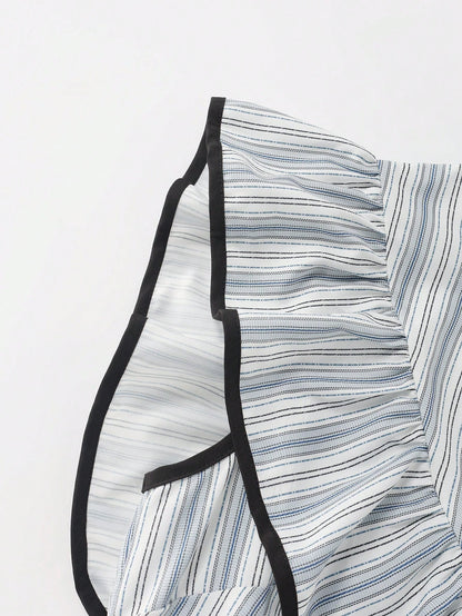 EMERY ROSE Women's Elegant Summer Round Neck Blue And White Stripe Shirt,Everyday Asymmetric Ruffle Hem Waist Cinching Short Sleeve Blouse For Outing And Date