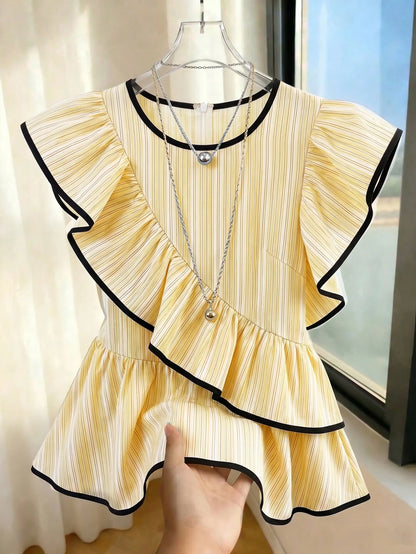 EMERY ROSE Women's Elegant Summer Round Neck Blue And White Stripe Shirt,Everyday Asymmetric Ruffle Hem Waist Cinching Short Sleeve Blouse For Outing And Date