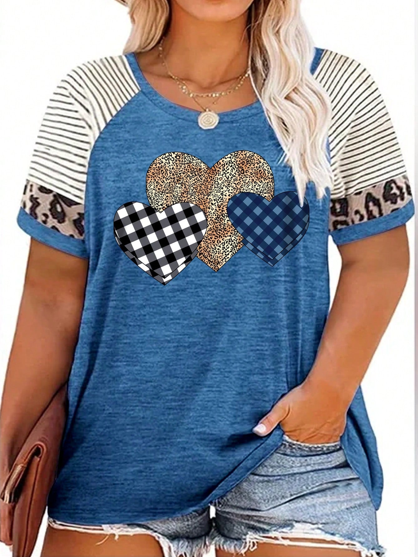 EMERY ROSE Women's Plus Size Casual T-Shirt,Blue Summer Cute Everyday Color Block Leopard And Stripe Heart Print Short Sleeve Round Neck Slightly Elastic Tee