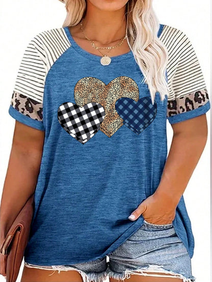 EMERY ROSE Women's Plus Size Casual T-Shirt,Blue Summer Cute Everyday Color Block Leopard And Stripe Heart Print Short Sleeve Round Neck Slightly Elastic Tee