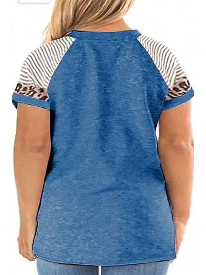 EMERY ROSE Women's Plus Size Casual T-Shirt,Blue Summer Cute Everyday Color Block Leopard And Stripe Heart Print Short Sleeve Round Neck Slightly Elastic Tee