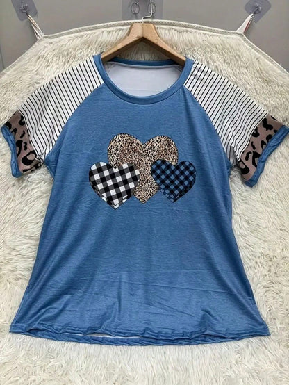 EMERY ROSE Women's Plus Size Casual T-Shirt,Blue Summer Cute Everyday Color Block Leopard And Stripe Heart Print Short Sleeve Round Neck Slightly Elastic Tee