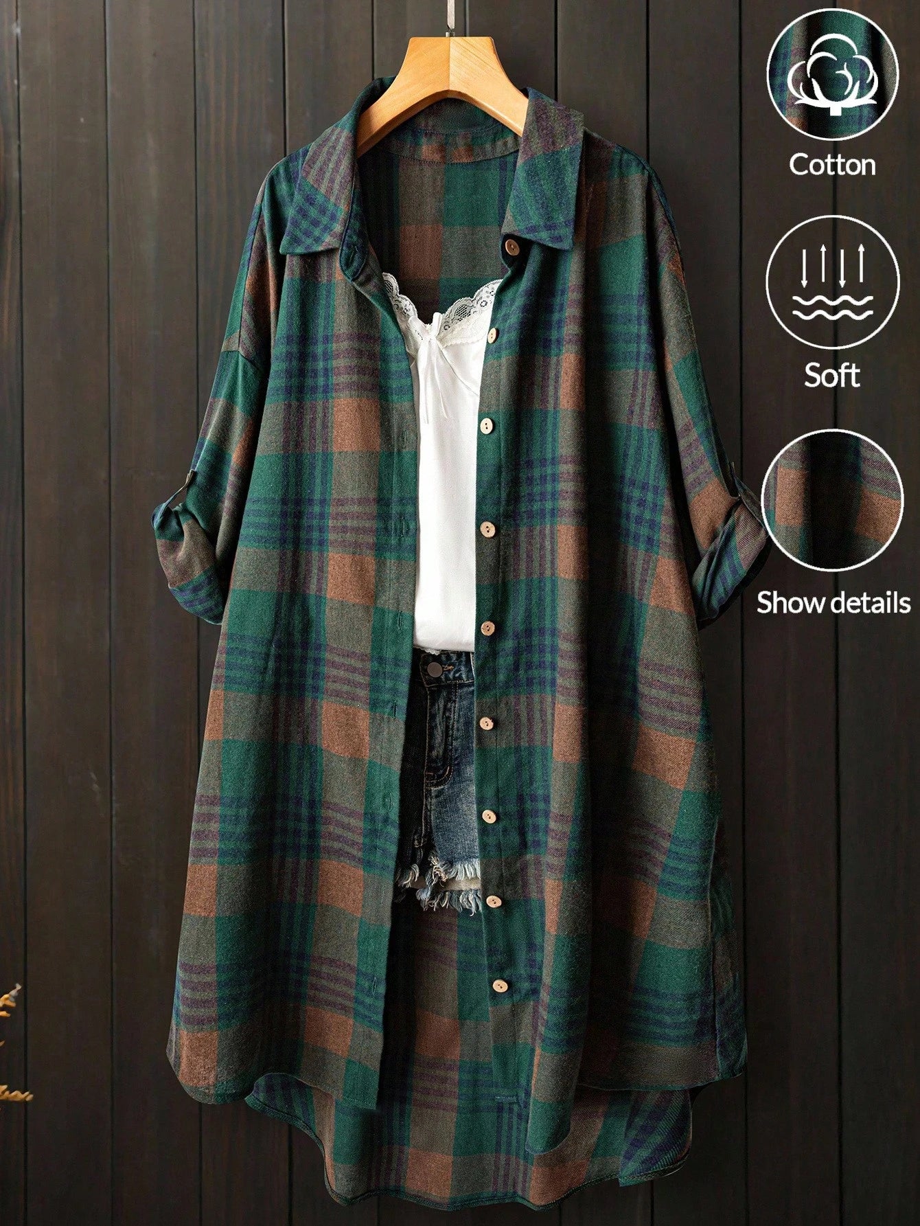 EMERY ROSE Women's Plus Size Green Plaid Shirt,Mid-Length Smart Casual Long Sleeve Tie Cuff Top,Autumn Vacation Retro Loose Fit Thin Front Short Back Cloth Fall