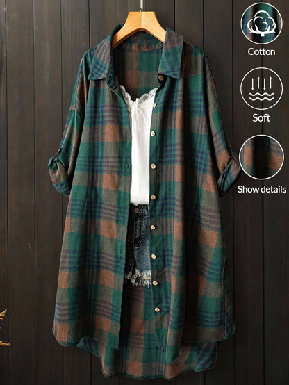 EMERY ROSE Women's Plus Size Green Plaid Shirt,Mid-Length Smart Casual Long Sleeve Tie Cuff Top,Autumn Vacation Retro Loose Fit Thin Front Short Back Cloth Fall