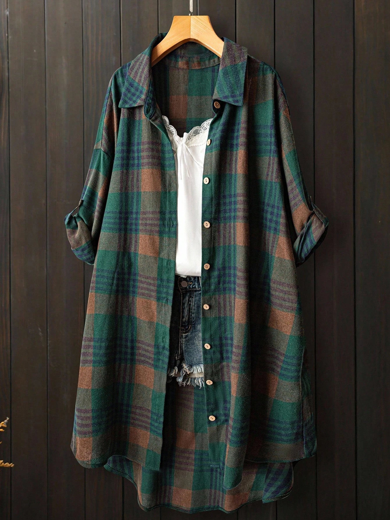 EMERY ROSE Women's Plus Size Green Plaid Shirt,Mid-Length Smart Casual Long Sleeve Tie Cuff Top,Autumn Vacation Retro Loose Fit Thin Front Short Back Cloth Fall