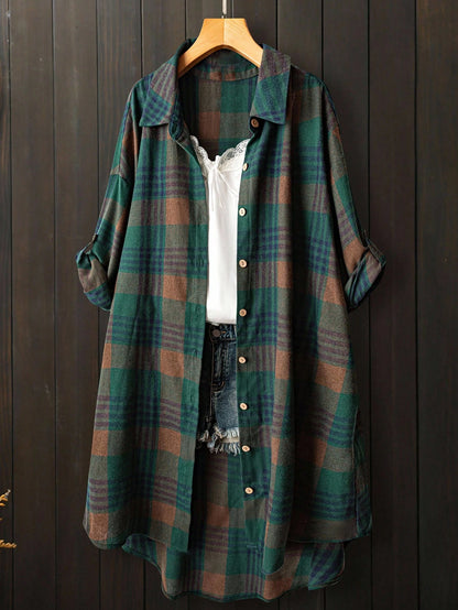 EMERY ROSE Women's Plus Size Green Plaid Shirt,Mid-Length Smart Casual Long Sleeve Tie Cuff Top,Autumn Vacation Retro Loose Fit Thin Front Short Back Cloth Fall