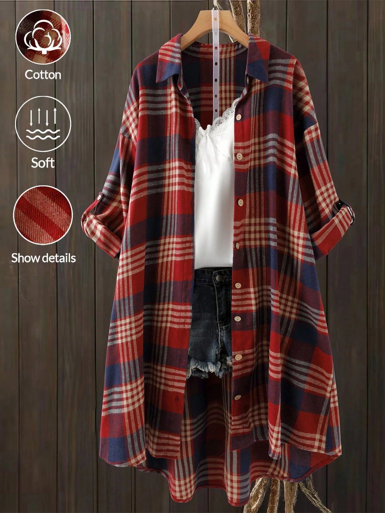 EMERY ROSE Women's Plus Size Green Plaid Shirt,Mid-Length Smart Casual Long Sleeve Tie Cuff Top,Autumn Vacation Retro Loose Fit Thin Front Short Back Cloth Fall