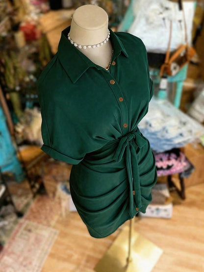 EMERY ROSE Women's Solid Color Single-Breasted Tie-Waist Casual Party Dress