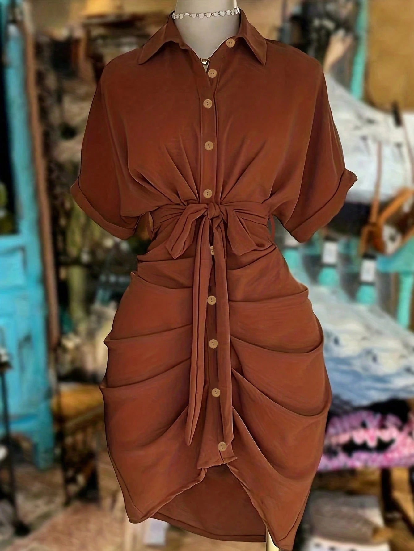EMERY ROSE Women's Solid Color Single-Breasted Tie-Waist Casual Party Dress