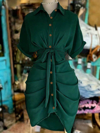 EMERY ROSE Women's Solid Color Single-Breasted Tie-Waist Casual Party Dress