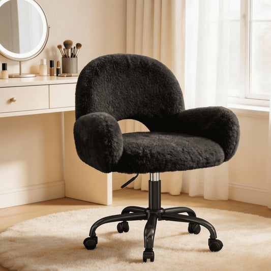 EnHomee Vanity Swivel Chair With Wheels & Height Adjustable, Desk Chair With Round Hollow Back, Faux Fur Comfy Home Office Chair With Arms, Black